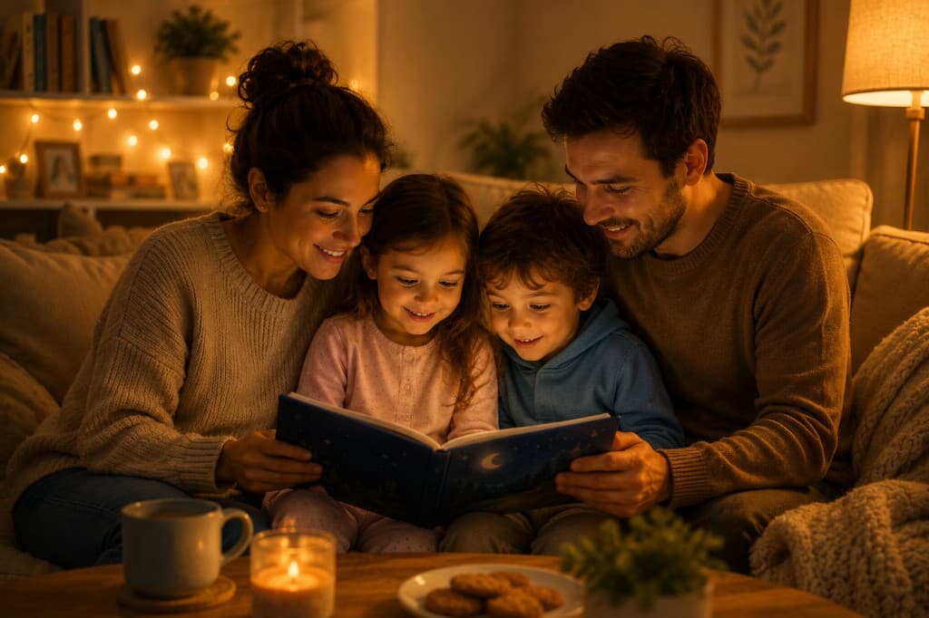 Family reading a personalized children's book together at home