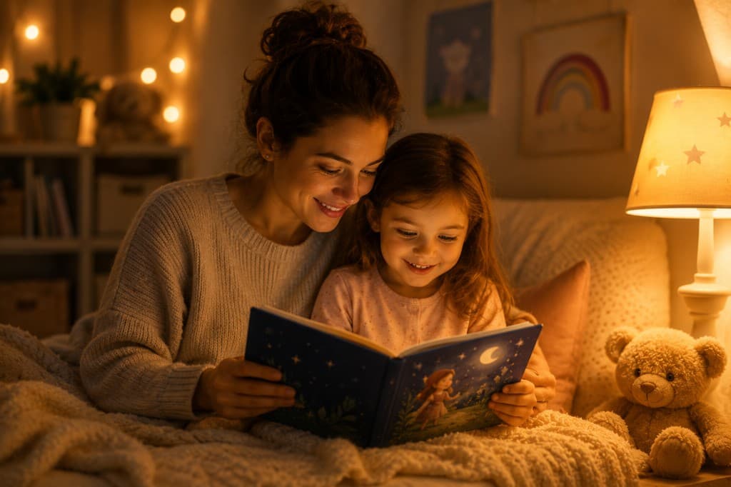 Parent and child reading a personalized story together at bedtime