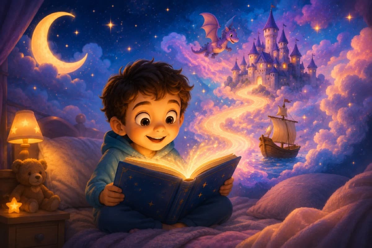 Child reading a glowing personalized storybook at bedtime